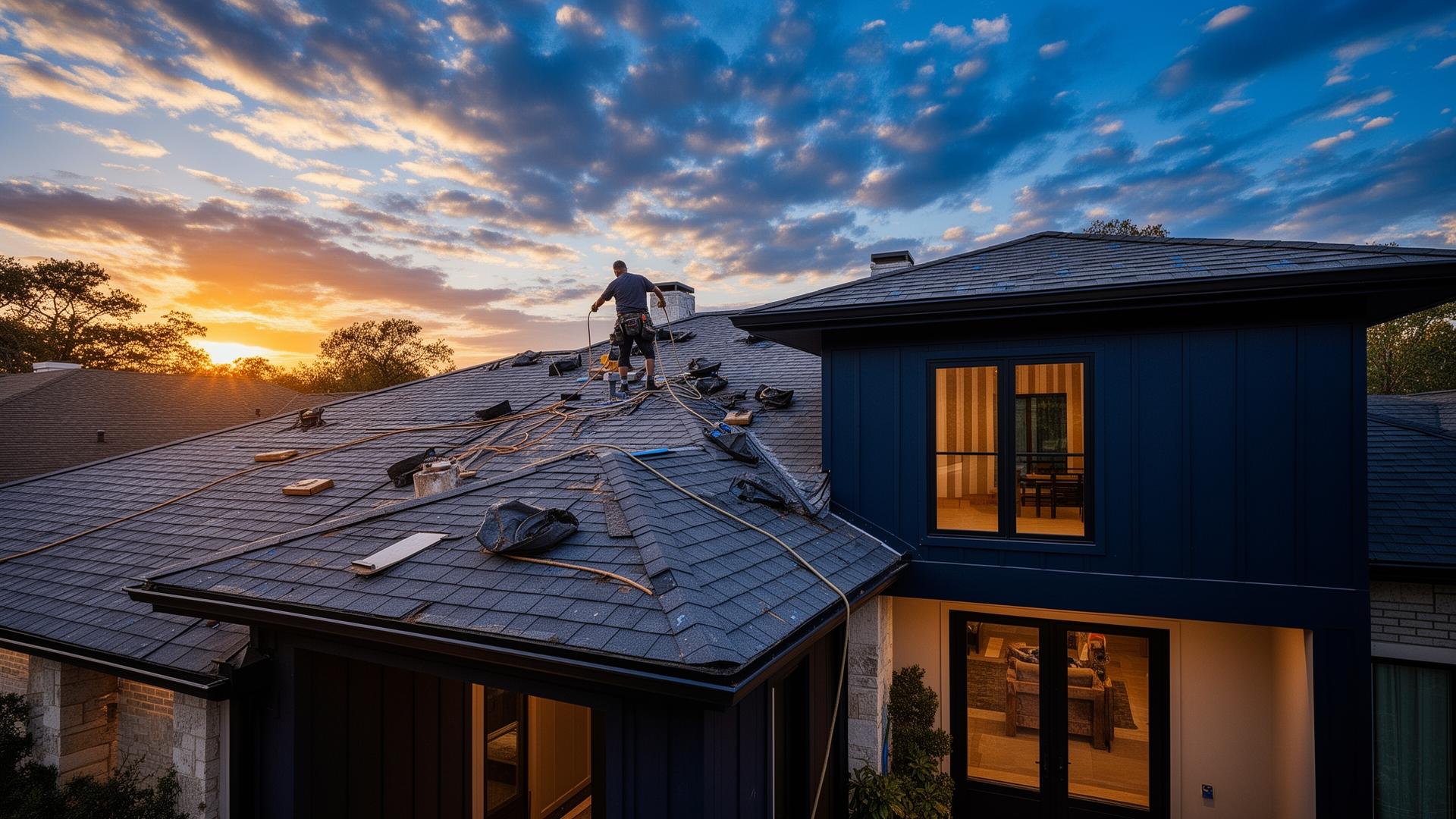 Cabrera & Sons roofing crew installing a new roof on a Houston home at sunset
